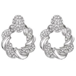 Silver with White Diamond Crystal Twisted Round Post Back Statement Earrings